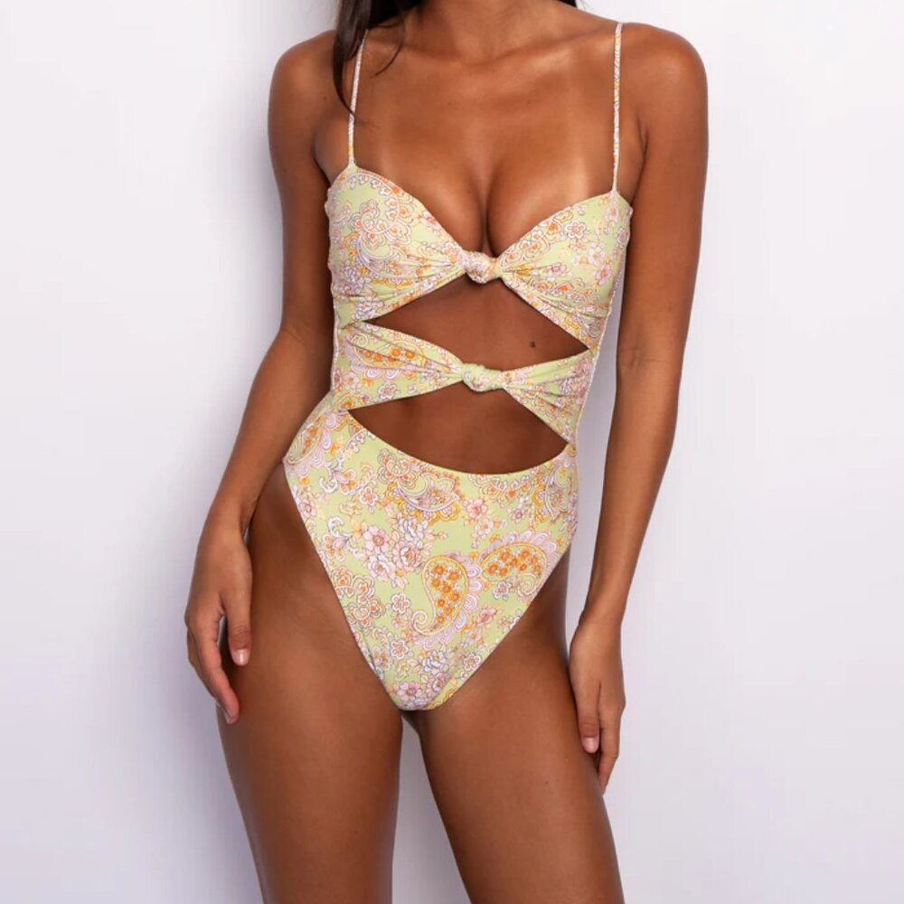 Skatie Yellow Paisley Cutout One-Piece Swimsuit